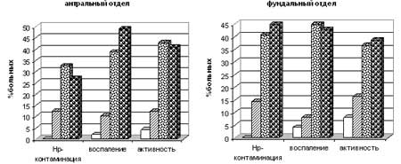Степень выраженности изменений СОЖ при гистологическом исследовании гастробиоптатов антрального и фундального отделов желудка больных ЯБ ДПК, осложненной стенозом.